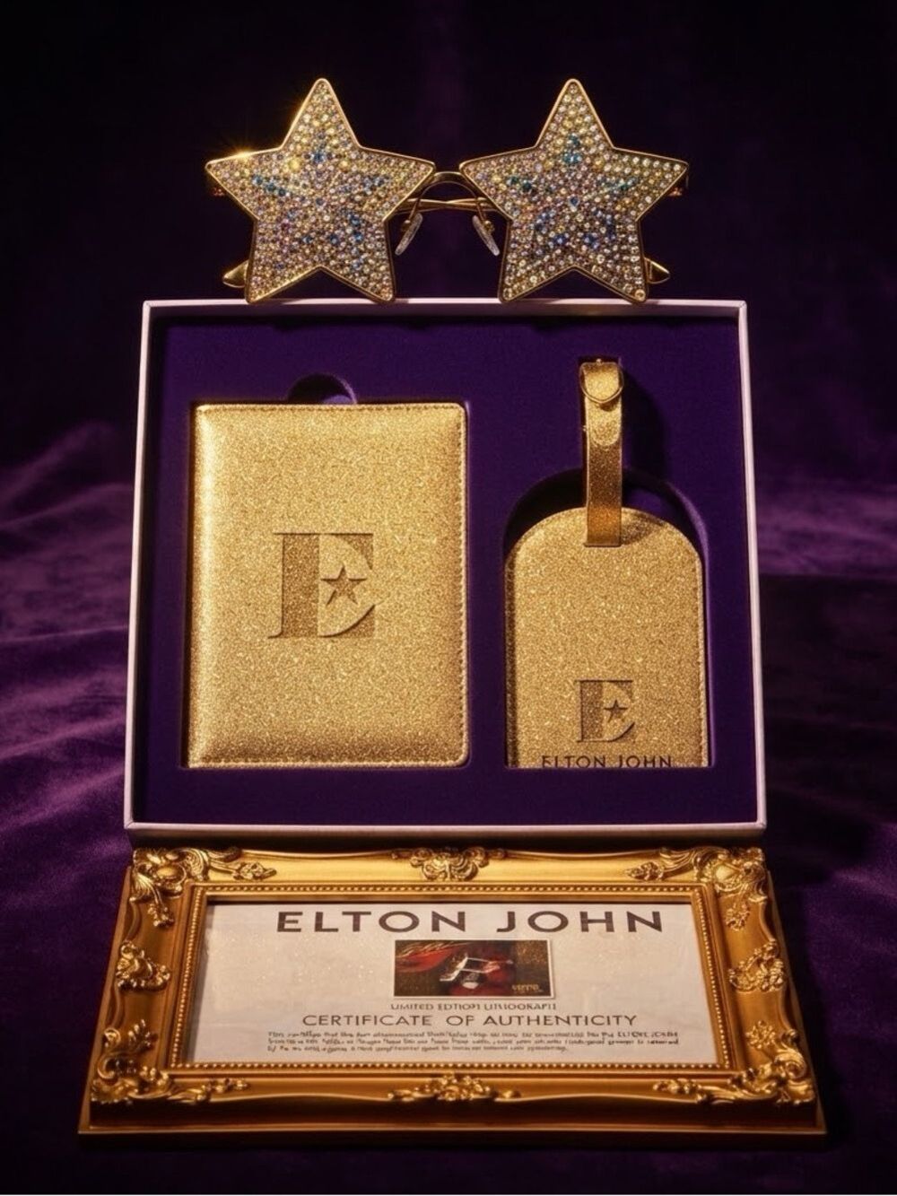 Elton John Gold Passport Holder & Luggage Tag Set w/ COA